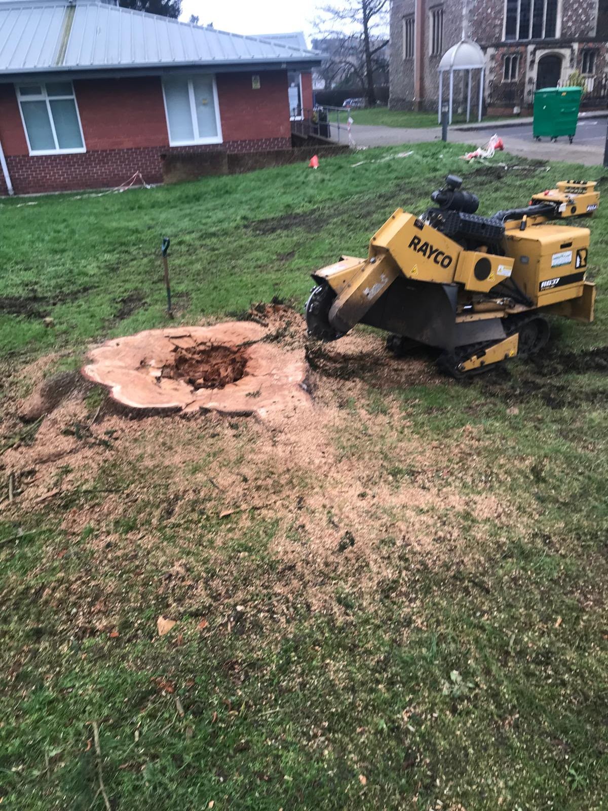 Rayco stump grinder beside a freshly ground stump